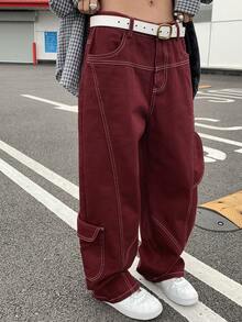 Women's Burgundy Loose Fit Cargo Jeans Y2k - Burgundy - View 7