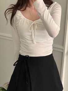 DAZY 女士系带修身时尚T恤，白色，春夏秋季 - 白色 - 查看 4