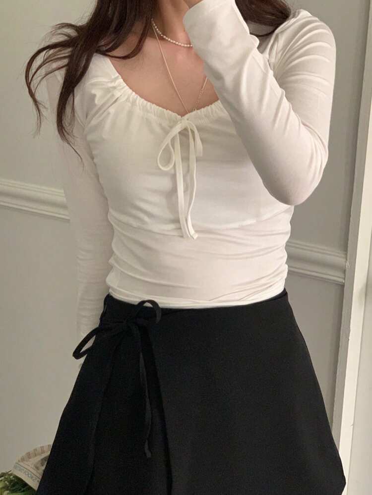 DAZY Camiseta ajustada de mujer con cordones a la moda, blanca, para primavera/verano/otoño - Blanco - Añade 4