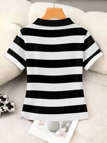 Resyla Women's Casual Striped Knight Print Polo Collar Short Sleeve Top, Summer - Black and White - View 2