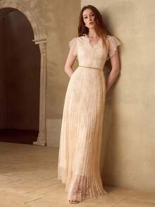 MOTF PREMIUM WOMEN'S V-NECK LONG SLEEVE PLEATED DRESS, SPRING/SUMMER - Apricot - View 6