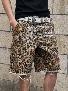 Manfinity Roghcode Men's Leopard Print Pocket Distressed Casual Everyday Wide Leg Denim Shorts - Medium Wash - View 5