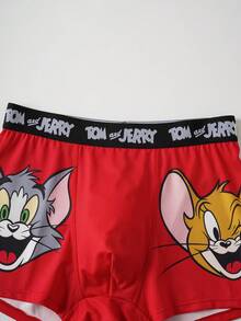 TOM & JERRY X SHEIN 男士字母卡通图案撞色平角内裤 - 紅色 - 查看 4