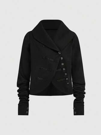 Grunge Punk Felpa casual a maniche lunghe da donna con bottoni incrociati e orlo asimmetrico, colore unito, versatile, adatta per l'autunno/inverno