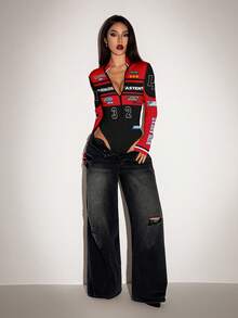 SHEIN ICON 休闲简约运动街头休闲聚会派对机场穿搭，数字英文字母学院风黑红摩托车赛车印花图案，适合春夏穿着的舒适长袖高领紧身连体衣 - 彩色 - 查看 5