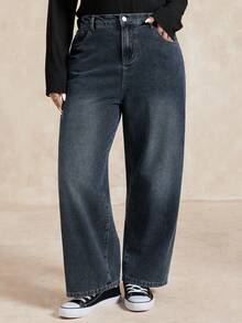 Dazy Plus Vintage Washed Loose Straight Leg Casual Long Jeans, Plus Size For Women, All Season - Dark Wash - View 4