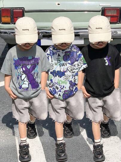 3 st/set Young Boys Casual Koreansk Stil Söt Björn Djurtryck Lös Passform Rund Halsad Kortärmad Stickad T-shirts, 3 Färger