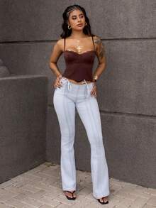 Women's Solid Color Drawstring Waist Jeans With Pockets And Flared Legs - Blue - View 1