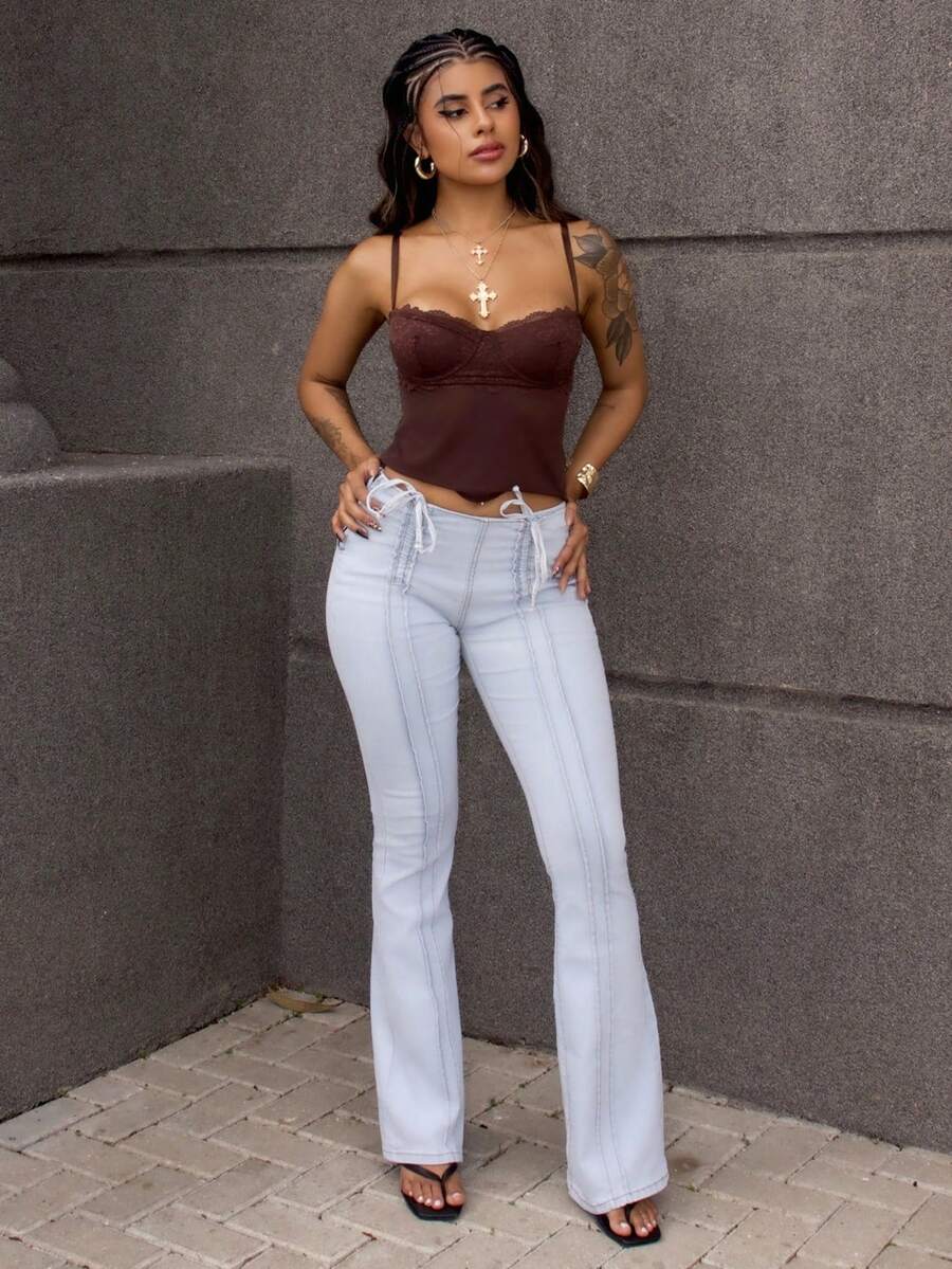 Women's Solid Color Drawstring Waist Jeans With Pockets And Flared Legs - Blue - View 1