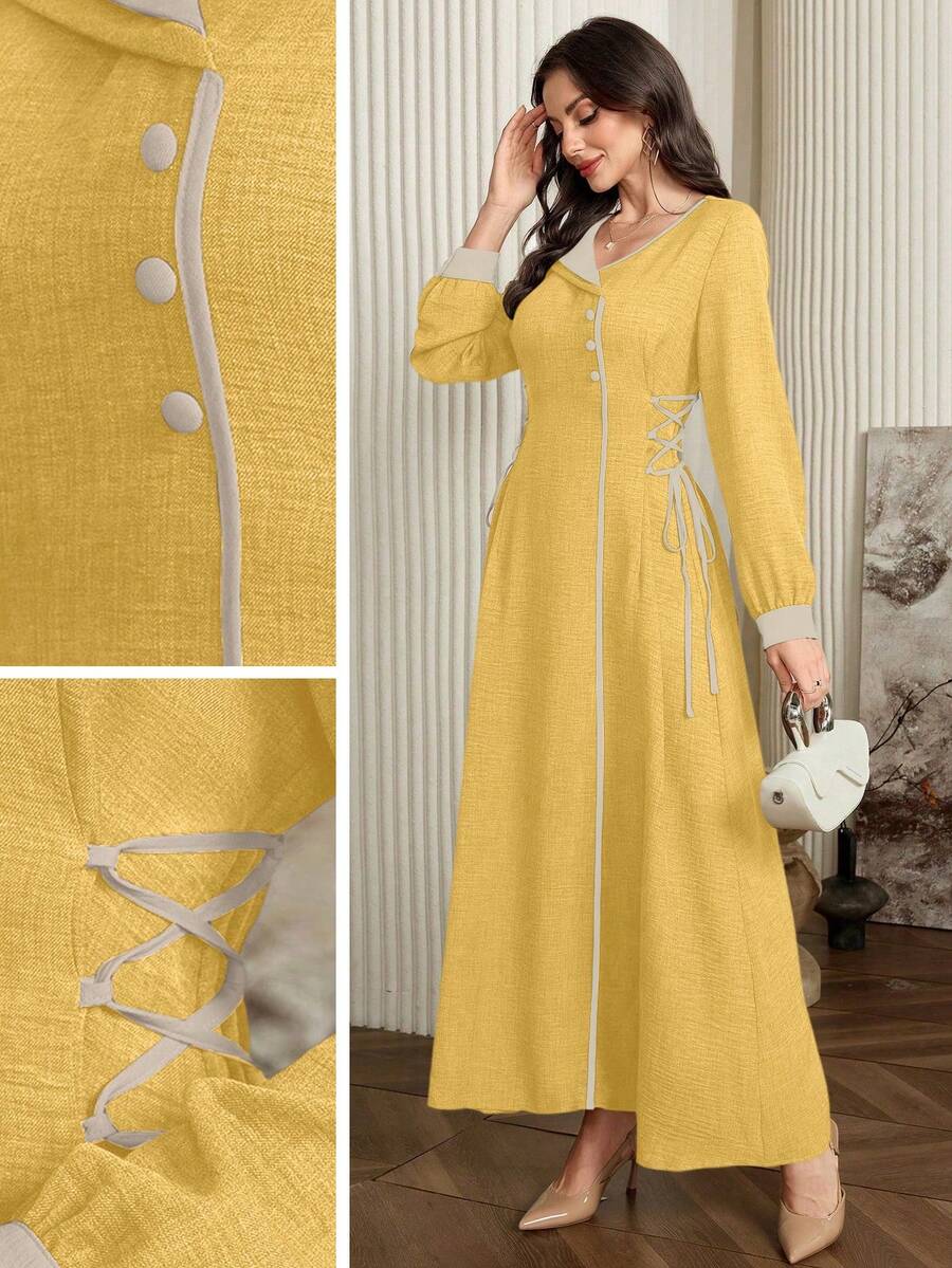 Modelyn Contrast Color Trim Drawstring Waist Slim Strap Elegant Dress - Yellow - View 1