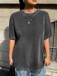 Muchica 大码宽松圆领舒适T恤，适合户外、通勤、约会和日常穿着，春夏款 - 灰色 - 查看 6