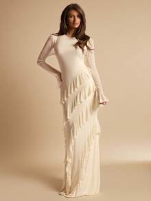 SHEIN BAE Cream White,Autumn,Elegant,Formal Women's High Neck Bodycon Ruffle Hem Long Sleeve Midi Dress,Suitable For Cocktail Party,Bridesmaid & Date - Apricot - View 5