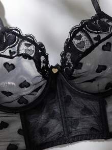 Valentine's Day Heart Mesh & Lace Underwire Bra With Matching Thong Panty Set