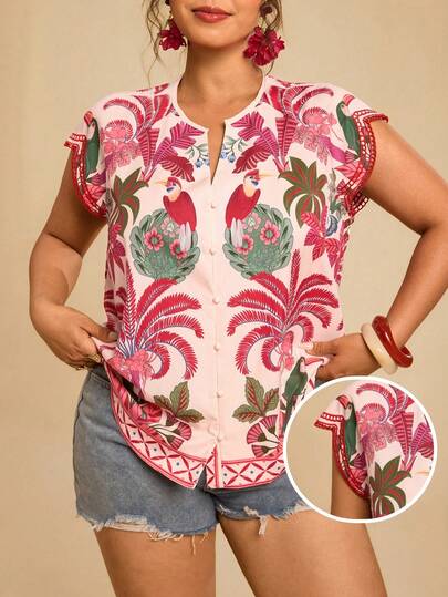 Travachic Blusa de mujer talla grande con estampado tropical de fucsia, dobladillo con volantes y puños bordados, para primavera, verano, vacaciones, playa, gráfico tropical, blusas casuales para salir, blusas de verano estilo bohemio, blusas de mujer vintage de los años 70