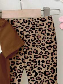 1 Set Baby Girls Lovely Rabbit Ear Leopard Print Round Neck Short Sleeve T-Shirt And Knitted Leggings Cute Outfit, Leopard Print T-Shirt Set, Cartoon Rabbit Print Clothing - Multicolor - View 4