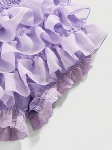 ROMWE Kawaii 女士夏季时尚派对纯色弹力腰层叠荷叶边短裤 - 淡紫色 - 查看 4