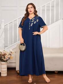 Al Najma Gaun Maxi Turki Wanita Ukuran Besar Lengan Pendek Bordir Warna Polos, Kaftan Tradisional Arab - Navy Blue - View 4
