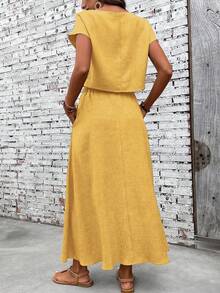 EMERY ROSE 女士纯色船领蝙蝠袖衬衫和半裙休闲两件套 - 黃色 - 查看 2