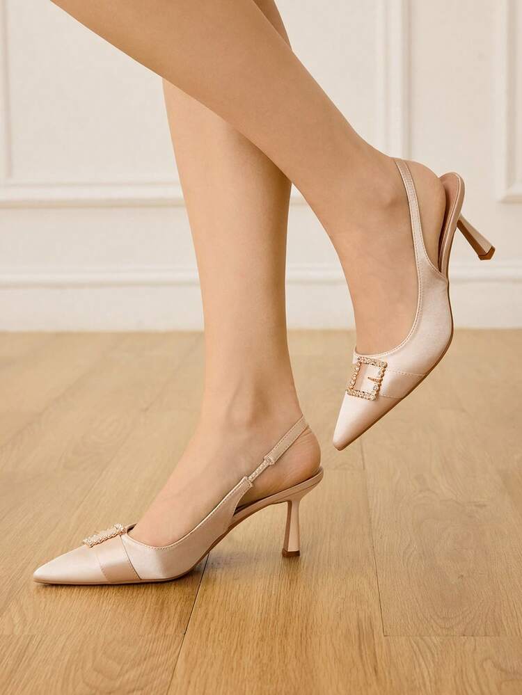 CUCCOO HITCHD Women's Pointed Toe Rhinestone Buckle Design Everyday Versatile Fashion High Heels Valentine's Day Elegant Shoes