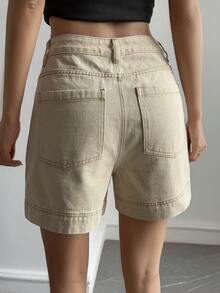 Livesso 高腰休闲纯色女式牛仔短裤 - 卡其色 - 查看 2