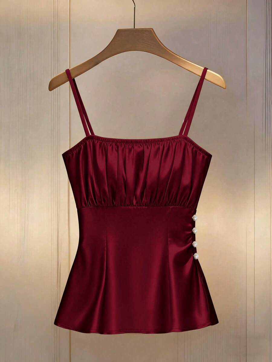 Franclia 女士优雅纯色褶裥腰部吊带背心 - 酒紅色 - 查看 1