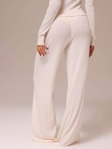 MUSERA ESSENTIALS Wide Leg Elasticated Waist Pointelle Trousers Coord Bottoms Only Spring Winter Cosy Cute Daily Girly Lounge Essential - Cream - View 4