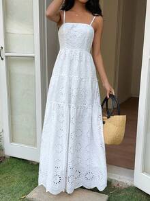 Sunnyshic Women's White Embroidered Hollow-Out Fabric Spaghetti Strap Camisole Backless Fitted Romantic Dress, Elegant European Style For Beach Holiday. Perfect Summer Holiday Outfits. - White - View 4