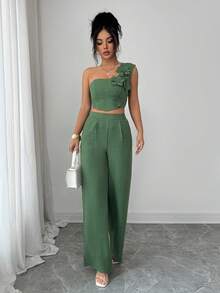 Elenzga 优雅3D花卉装饰休闲度假无袖上衣和裤子女式两件套 - 綠色 - 查看 6