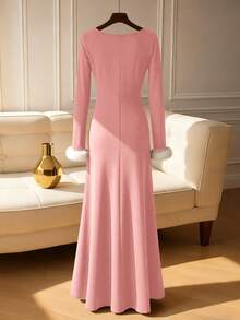 SHEIN LUNE Women's Solid Color Fuzzy Heart Collar Long Sleeve Elegant Dress - Pink - View 2