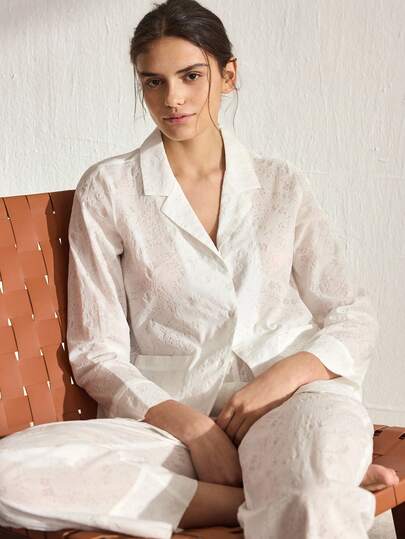 Ocili 女士舒适纯棉睡衣套装，翻领设计，纽扣前襟，刺绣图案，长袖上衣和裤子。