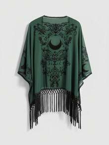 ROMWE EDITION Romantic Gothic Vintage Baroque Vine Moon Pattern Flocked Fabric Spring/Summer Bohemian Textured Asymmetrical Fringe Hem Women Cardigan Top Shawl - Green - View 3