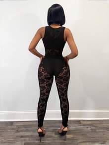 BamGleam Women's Hollow Out Design Round Neck Sleeveless Tight Fitting Sexy Mesh Jumpsuit - Black - View 2