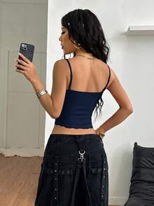 Coolane Women's Summer Y2K Casual Streetwear Music Festival Rib Knit Minimalist Basic Rib Knit Contrast Lace Dark Blue Tank Tops Navy Blue Camisole Lace Trim Camisole Cami Top Women Cute Cami Top Ribbed Cami Top Navy Blue Cami Top,Summer Top - Blue - View 7