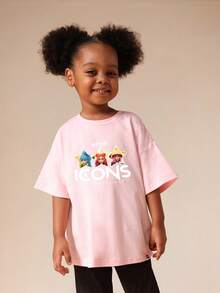 SUMWON Camiseta de cuello redondo de manga corta con estampado de personaje oversize, gráficos de estrellas y texto para uso casual diario y vacaciones - Rosa Pálido - Ver 4