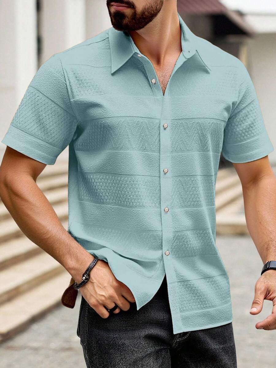 Manfinity Homme 男士純色簡約鈕扣休閒短袖襯衫,男友禮物,淺藍色 5XL,正式穿搭 - 淺藍色 - 查看 1