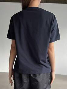 DAZY 摩托车风格印花拼色条纹短袖 T 恤，秋季服装学院风上衣