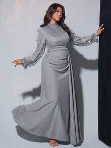 Viva Relle 大码女士优雅亮片装饰长袖收腰连衣裙，适合宴会、派对、婚礼宾客、新年、圣诞节等场合。 - 灰色 - 查看 4