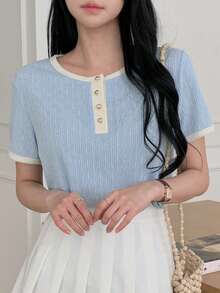 DAZY 女士休闲撞色滚边短袖T恤，夏季 - 藍色 - 查看 5