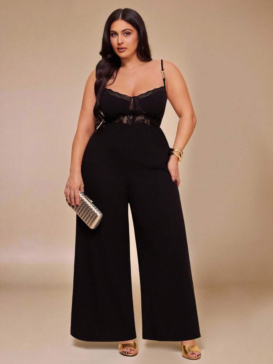 SHEIN BAE Bộ áo liền quần không tay phối ren tương phản dành cho nữ cỡ lớn