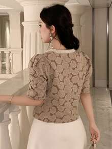 DAZY Women's Elegant Jacquard Puff Sleeve Blouse, Summer - Khaki - View 2