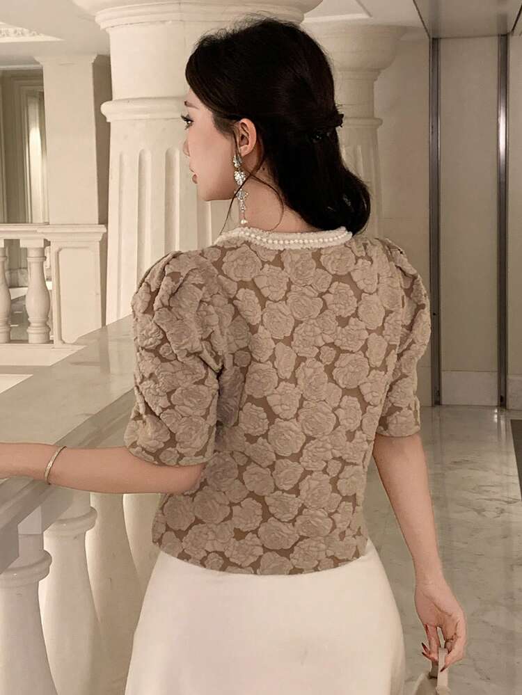 Women's Elegant Jacquard Puff Sleeve Blouse, Summer