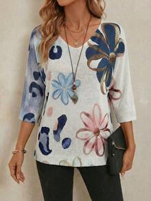 EMERY ROSE 女士优雅休闲度假3D数码印花V领宽松针织衫 - 彩色 - 查看 6