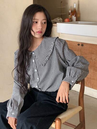 DAZY 少女格子长袖单排扣宽松可爱衬衫