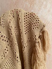 Soleia 两件套度假风串珠贝壳流苏下摆低腰斜摆毛衣套装，波西米亚风，度假风，秋季女装，复古风，节日 - 卡其色 - 查看 9