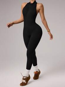 Dewbera 1pc Women's Seamless Front Zipper Mandarin Collar Racerback Sexy Backless Camisole & Cropped Jumpsuit For Running, Fitness, Yoga - Black - View 4