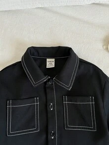 SHEIN 男婴休闲可爱街头时尚百搭黑色字母印花短袖衬衫，夏季 - 彩色 - 查看 8