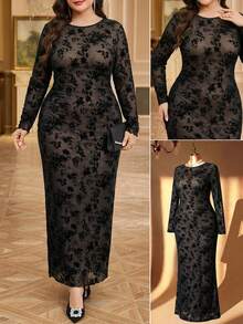 SHEIN Clasi Váy dự tiệc hoa nhung và lưới cỡ lớn thanh lịch - màu đen - Xem 10