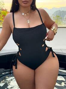 SHEIN Swim SXY Plus Size One-Piece Swimsuit, Hollow Out Drawstring Side Strap Sexy Camisole, Summer Beach - Black - View 4