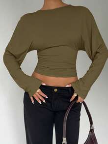 Aloruh 女士纯色长袖休闲短款T恤，收腰设计，宽松上衣，适合秋冬季穿着 - 軍綠色 - 查看 6