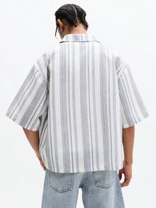 SUMWON 男士短袖条纹休闲夏季翻领衬衫，常规版型，宽松舒适，适合度假、海滩、休闲、工作或办公穿着。轻薄棉质面料，适合工作或办公场合。 - 藍色 - 查看 2